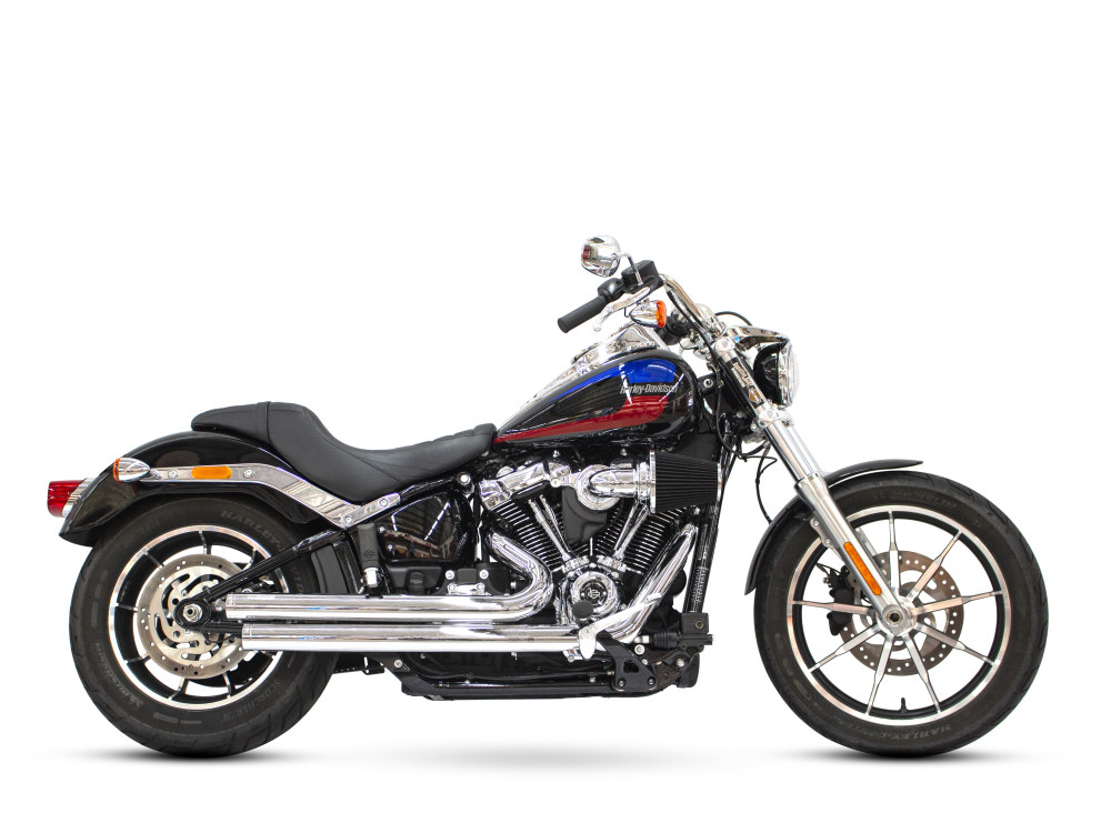 Independence Staggered Exhaust – Chrome with Chrome End Caps. Fits Softail 2018up.