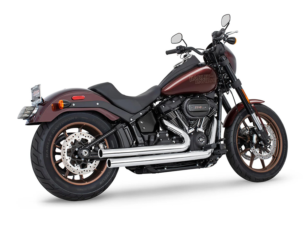Independence Staggered Exhaust - Chrome with Chrome End Caps. Fits Softail 2018up with Non-240 Rear Tyre - Freedom Performance Exhaust