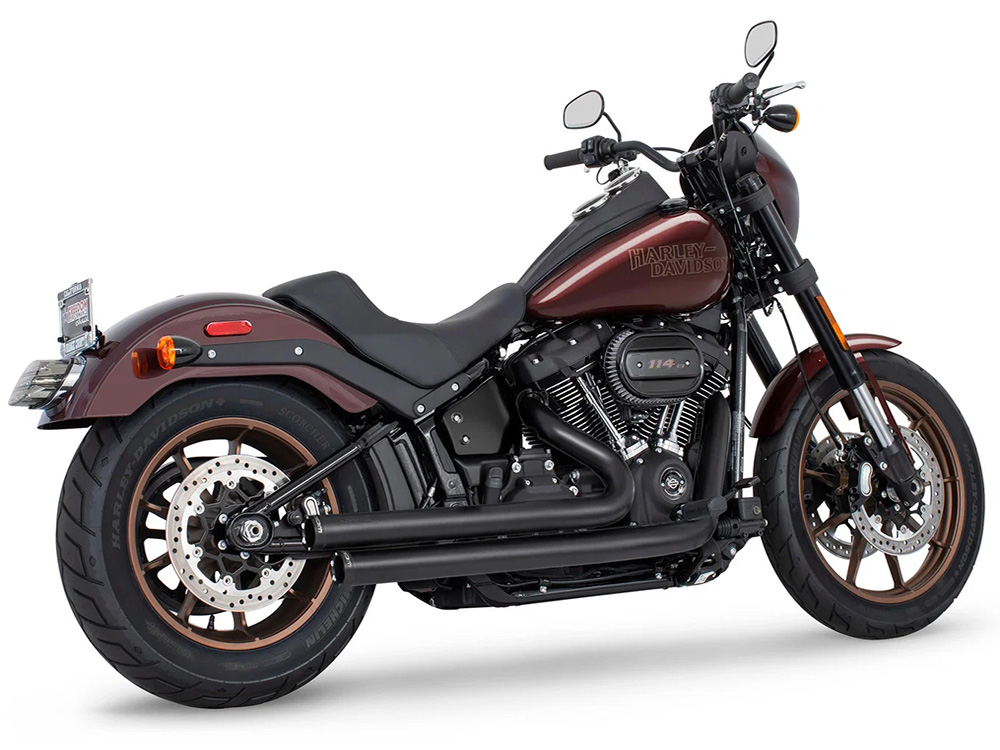 Independence Staggered Exhaust - Black with Chrome End Caps. Fits Softail 2018up with Non-240 Rear Tyre - Freedom Performance Exhaust