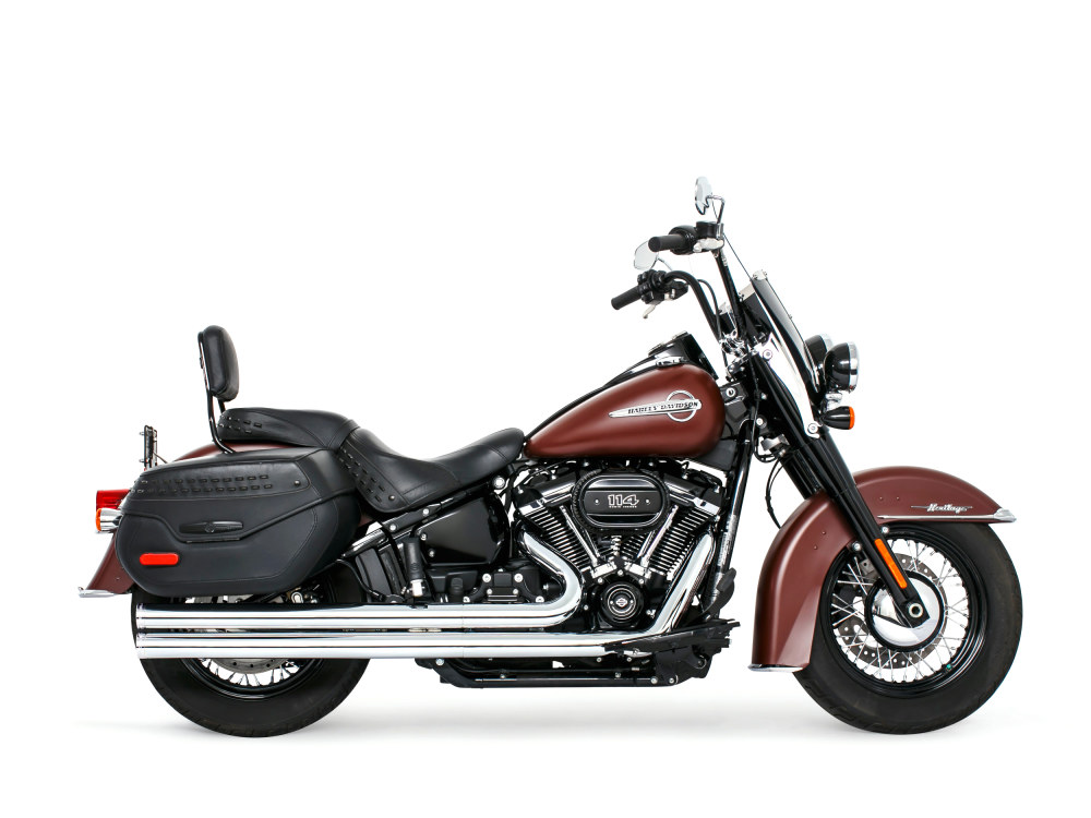 Independence Long Exhaust – Chrome with Chrome End Caps. Fits Softail 2018up.