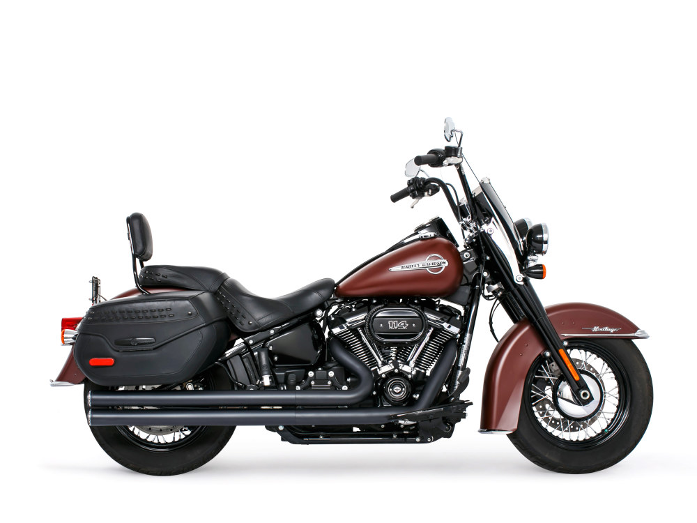 Independence Long Exhaust – Black with Black End Caps. Fits Softail 2018up.