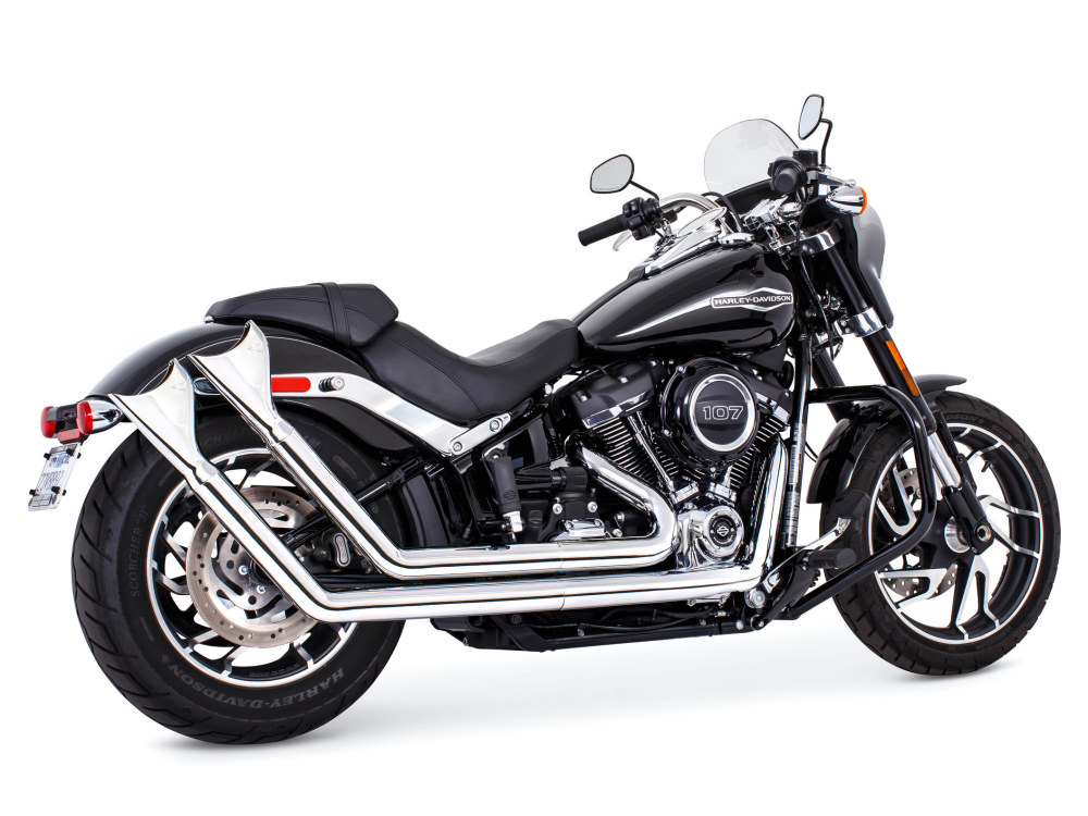 Upsweeps Exhaust - Chrome with Chrome Sharktail End Caps. Fits Softail 2018up.
