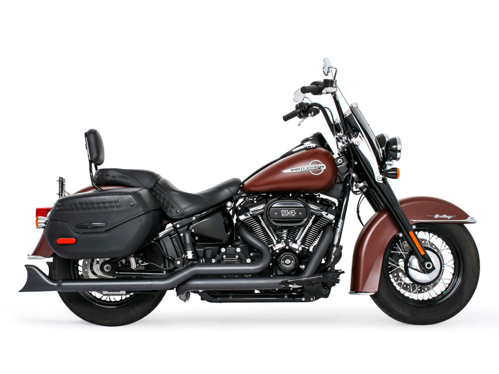 True Dual Exhaust - Black with Black Sharktail End Caps. Fits Softail 2018up. 