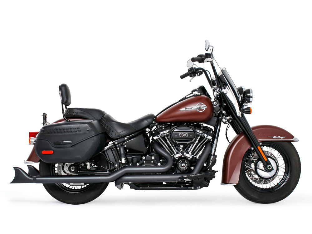 True Dual Exhaust - Black with Black Sharktail End Caps. Fits Softail 2018up. 