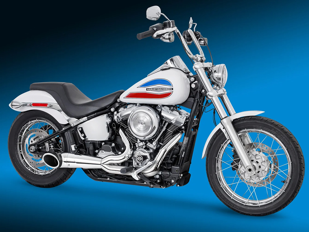 Turnout 2-into-1 Exhaust - Chrome with Black End Cap. Fits Softail 2018up with Non-240 Rear Tyre - Freedom Performance Exhaust