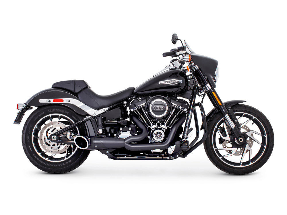 Turnout 2-into-1 Exhaust - Black with Black End Cap. Fits Softail 2018up with Non-240 Rear Tyre - Freedom Performance Exhaust