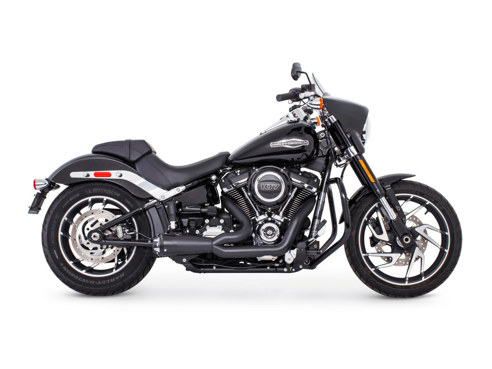 American Outlaw Shorty 2-into-1 Exhaust - Black with Black End Cap. Fits Softail 2018up with Non-240 Rear Tyre - Freedom Performance Exhaust