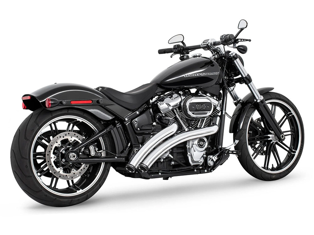 Radical Ground Pounder Exhaust – Chrome with Black Straight Cut End Caps. Fits Softail 2018up