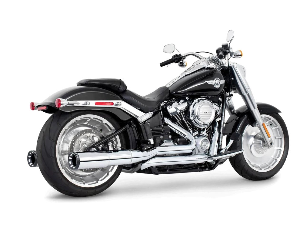 4.5in. Two-Step True Dual Exhaust - Chrome with Contrast Cut Black End Caps. Fits Softail Breakout & Fatboy 2018up with 240 Tyre. 