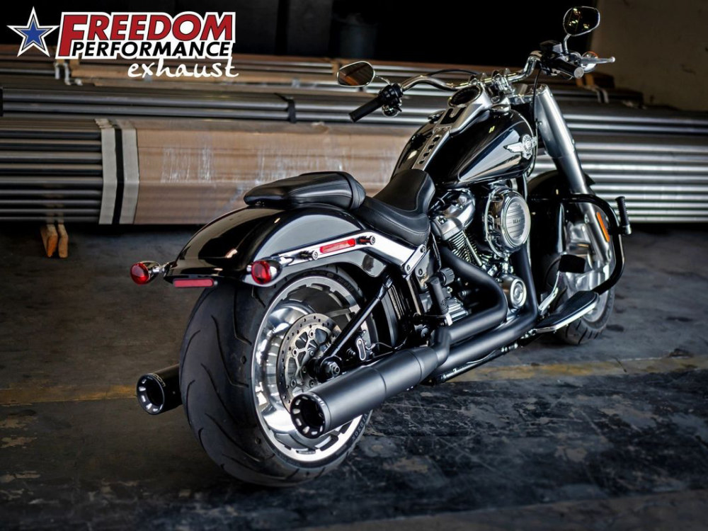 4.5in. Two-Step True Dual Exhaust - Black with Contrast Cut Black End Caps. Fits Softail Breakout & Fatboy 2018up with 240 Tyre.