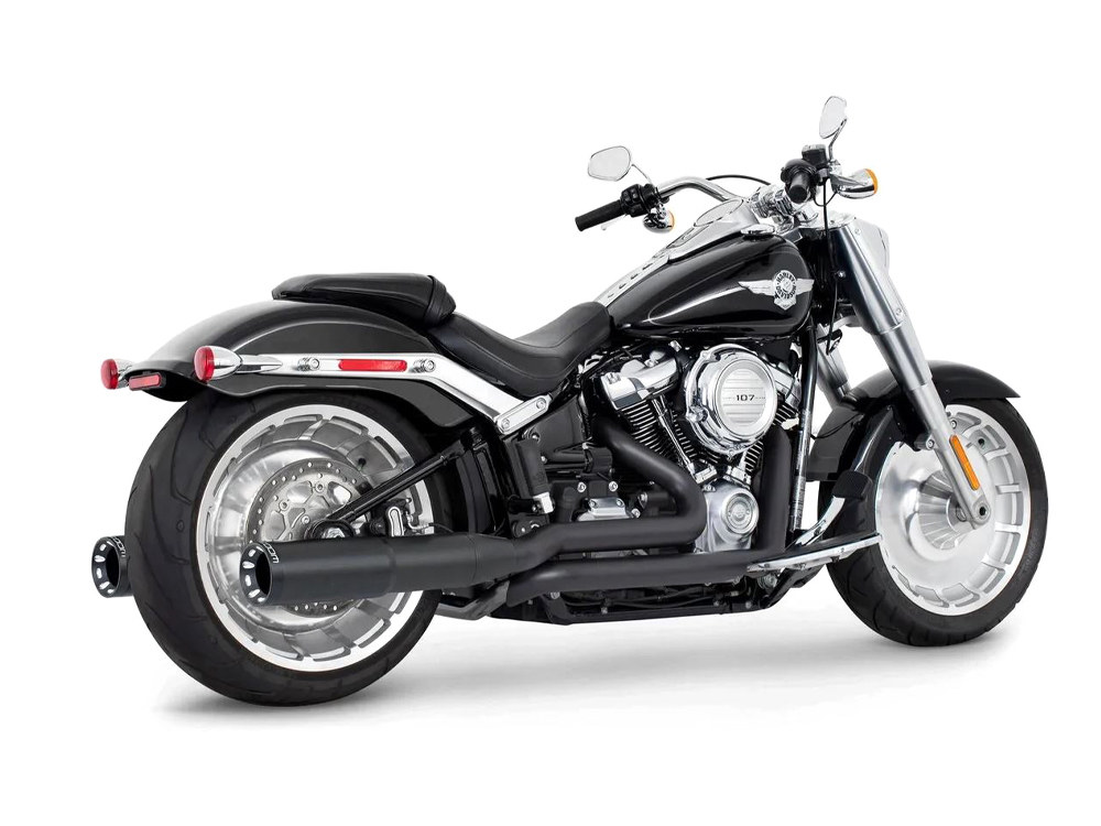 4.5in. Two-Step True Dual Exhaust – Black with Contrast Cut Black End Caps. Fits Softail Breakout & Fatboy 2018up with 240 Tyre.