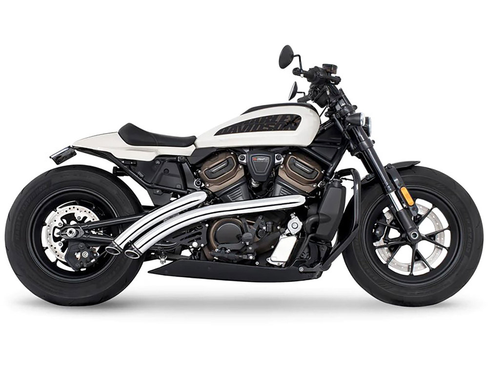 Radical Radius Exhaust – Chrome with Black End Caps. Fits Sportster S 2021up.