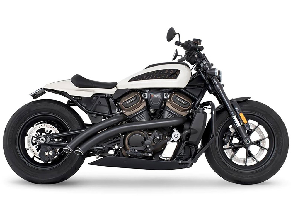 Radical Radius Exhaust – Black with Black End Caps. Fits Sportster S 2021up.