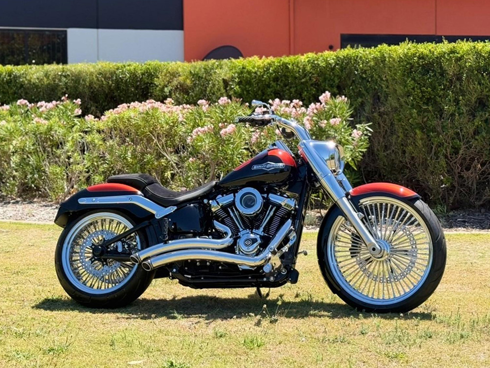 Sharp Curve Radius Exhaust - Chrome with Black End Caps. Fits Softail Breakout & Fat Boy 2018up - Freedom Performance Exhaust