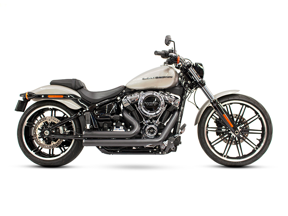 Independence Shorty Exhaust - Black with Black End Caps. Fits Softail Breakout & Fat Boy 2018up - Freedom Performance Exhaust