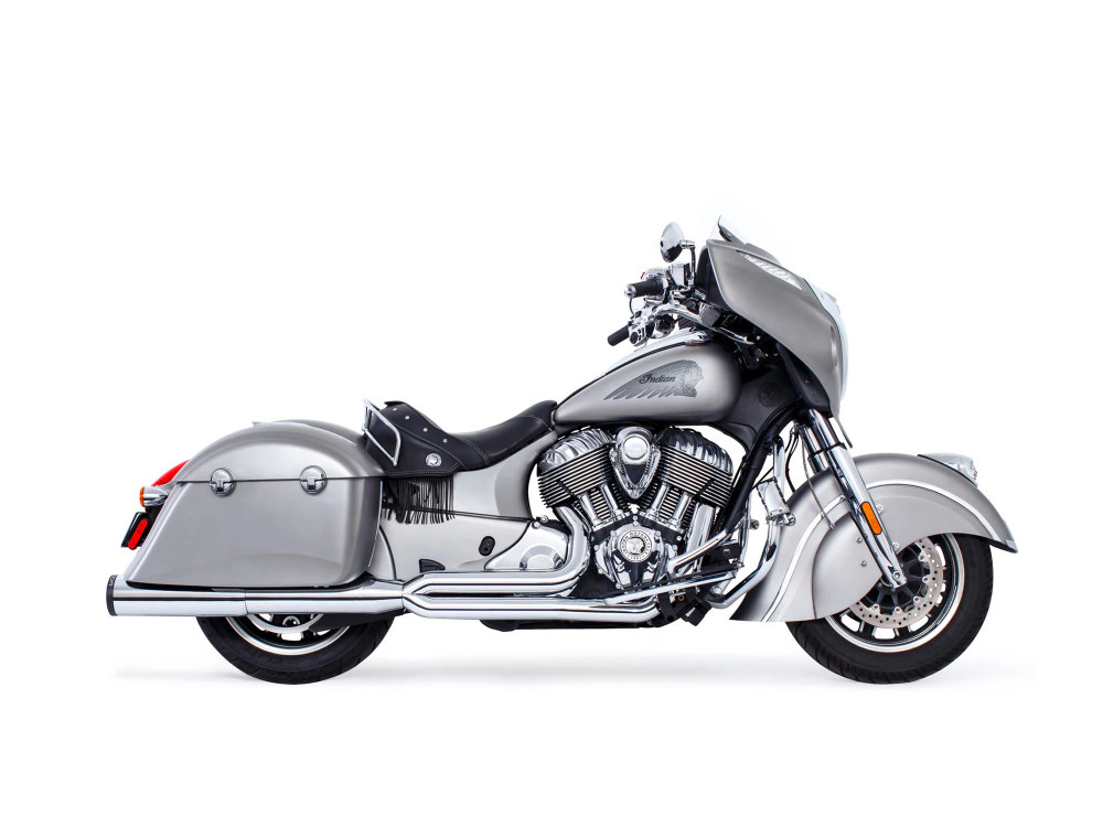 Union 2-into-1 Exhaust – Chrome with Black End Cap. Fits Indian Big Twin with Hard Saddle Bags.
