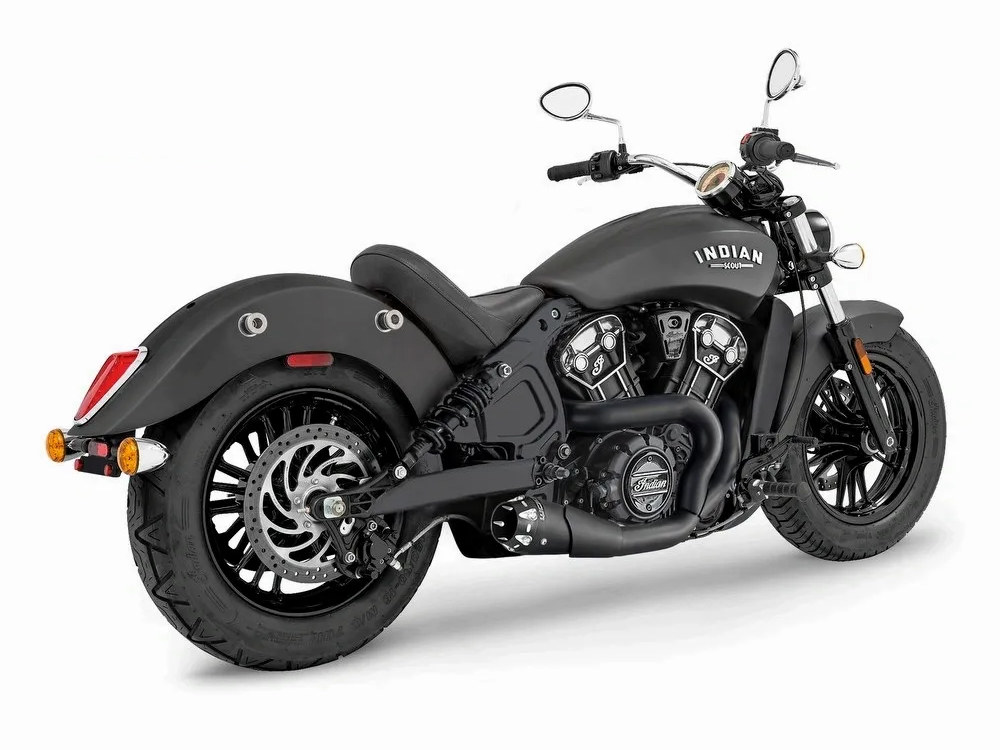 American Outlaw Shorty 2-into-1 Exhaust – Black with Black End Cap. Fits Indian Scout 2015up.