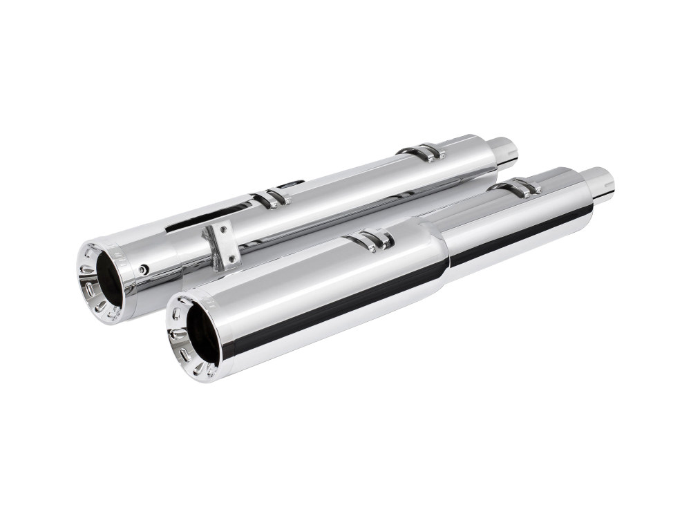 4.5in. Slip-On Mufflers – Chrome with Chrome Straight End Caps. Fits Indian Big Twin with Hard Saddle Bags.