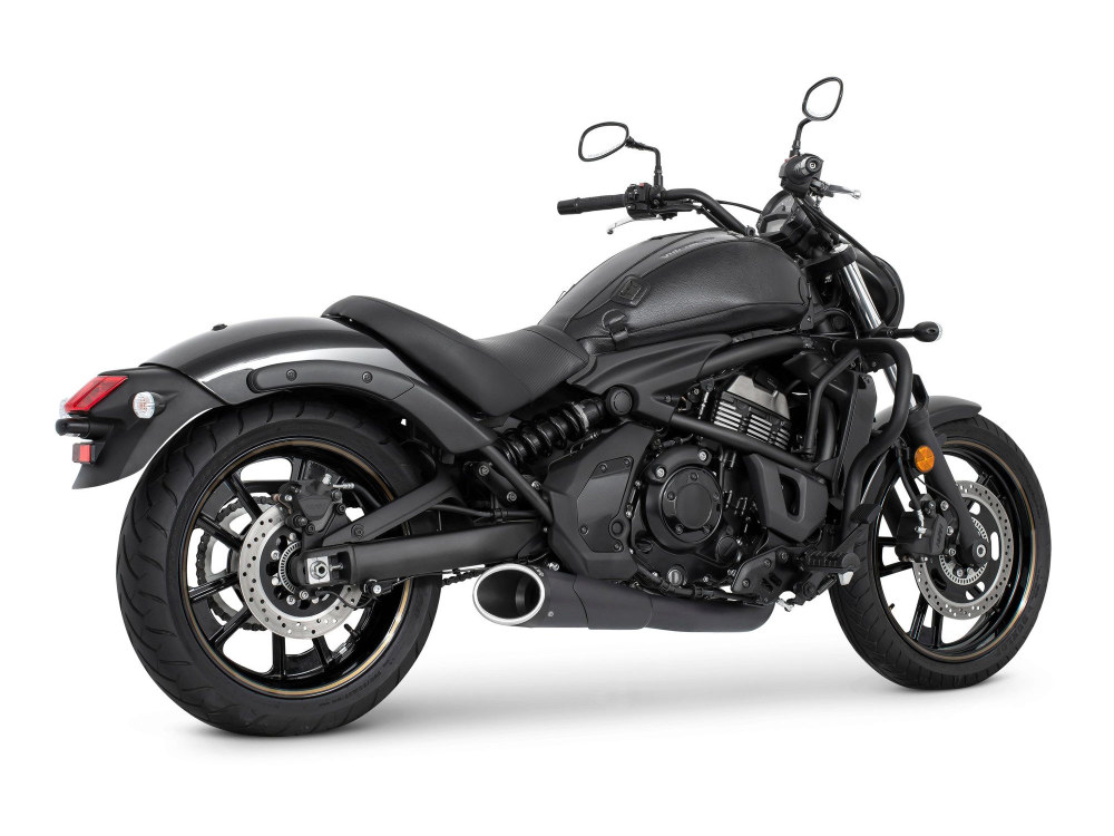 Combat Shorty 2-into-1 Exhaust - Black with Black End Cap. Fits Kawasaki Vulcan 'S' 650cc 2015up.