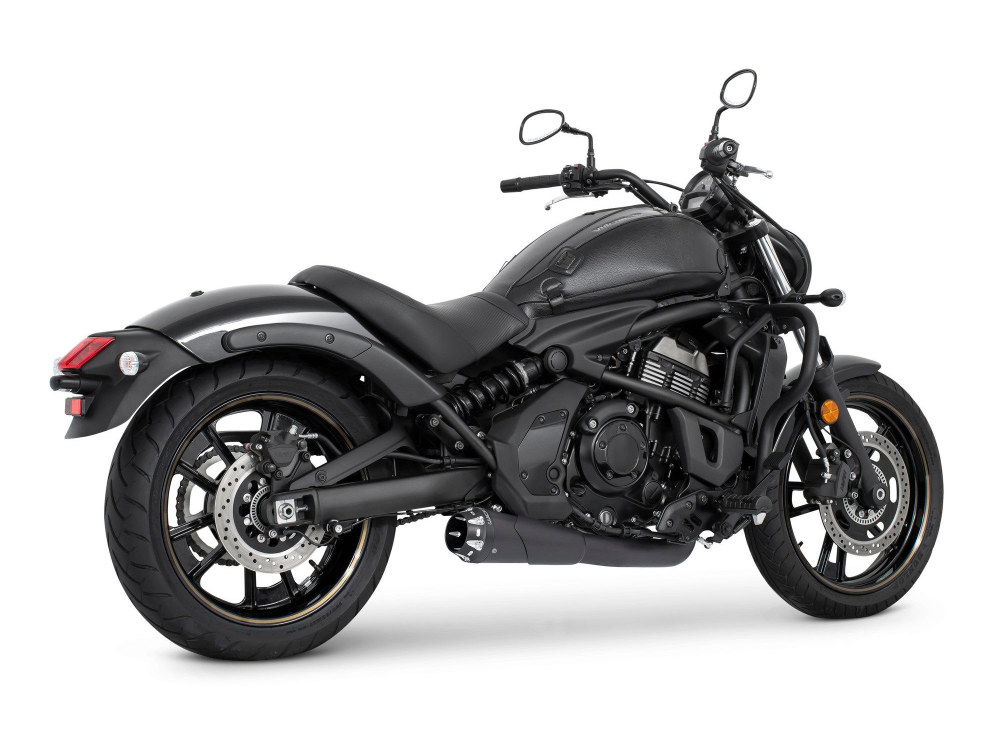 American Outlaw Shorty 2-into-1 Exhaust – Black with Black End Cap. Fits Kawasaki Vulcan ‘S’ 650cc 2015up.