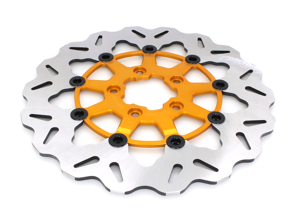 GBRAKES 11.8in. Front Wave Floating Disc Rotor with Gold Carrier. Fits Dyna 2006-2017, Softail 2015up, Sportster 2014-2021 & Some Touring 2008-2023 GBRAKES 11.8in. Front Wave Floating Disc Rotor with Gold Carrier. Fits Dyna 2006-2017, Softail 2015up, Sportster 2014-2021 & Some Touring 2008-2023