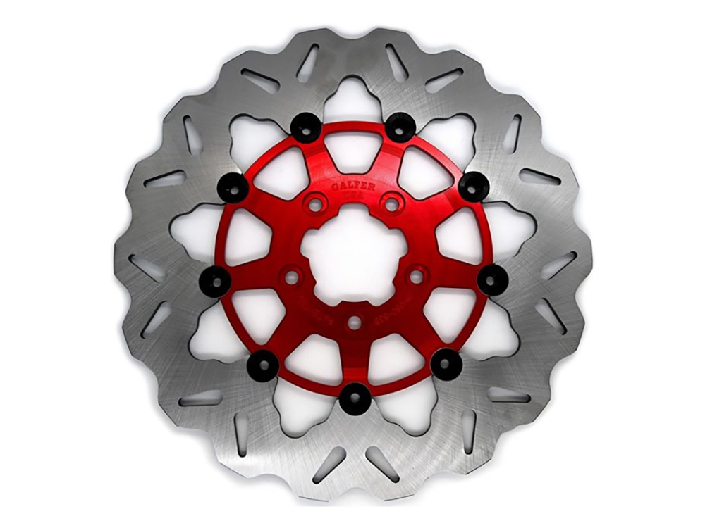 GBRAKES 11.8in. Front Wave Floating Disc Rotor with Red Carrier. Fits Dyna 2006-2017, Softail 2015up, Sportster 2014-2021 & Some Touring 2008-2023 GBRAKES 11.8in. Front Wave Floating Disc Rotor with Red Carrier. Fits Dyna 2006-2017, Softail 2015up, Sportster 2014-2021 & Some Touring 2008-2023