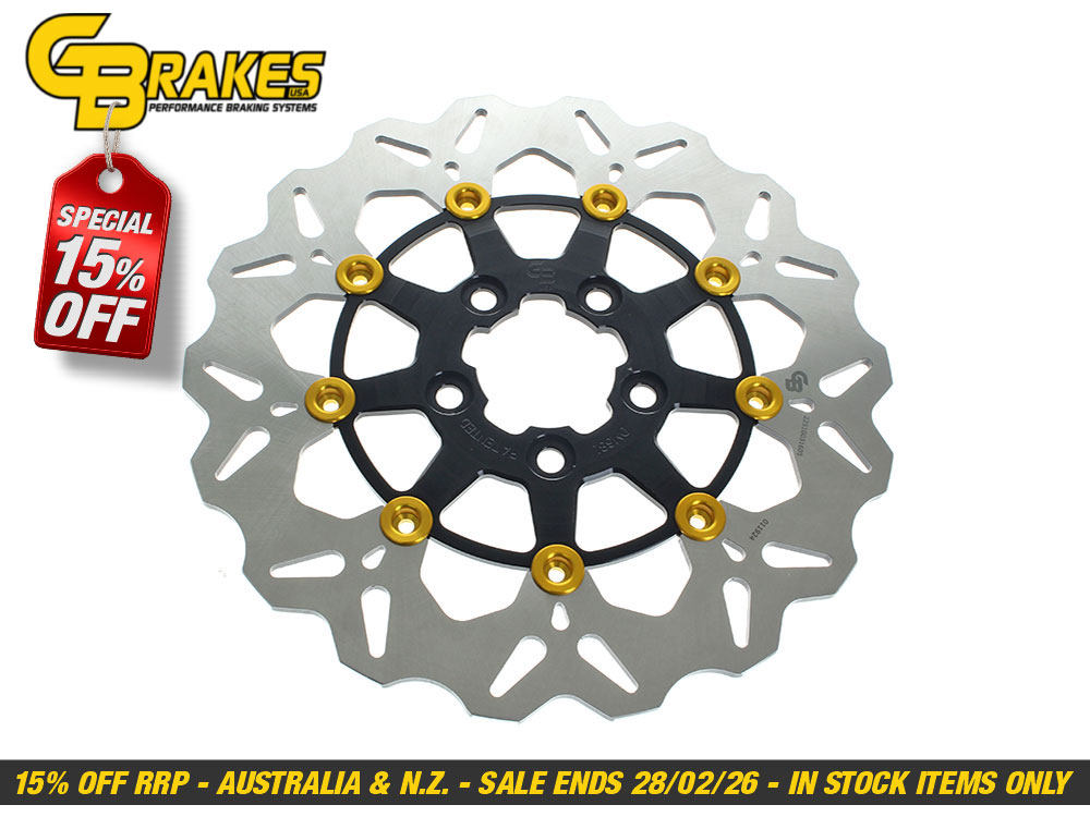 11.5in. Front Wave Floating Disc Rotor - Black with Gold Buttons. Fits Big Twin & Sportster 2000-2014.
