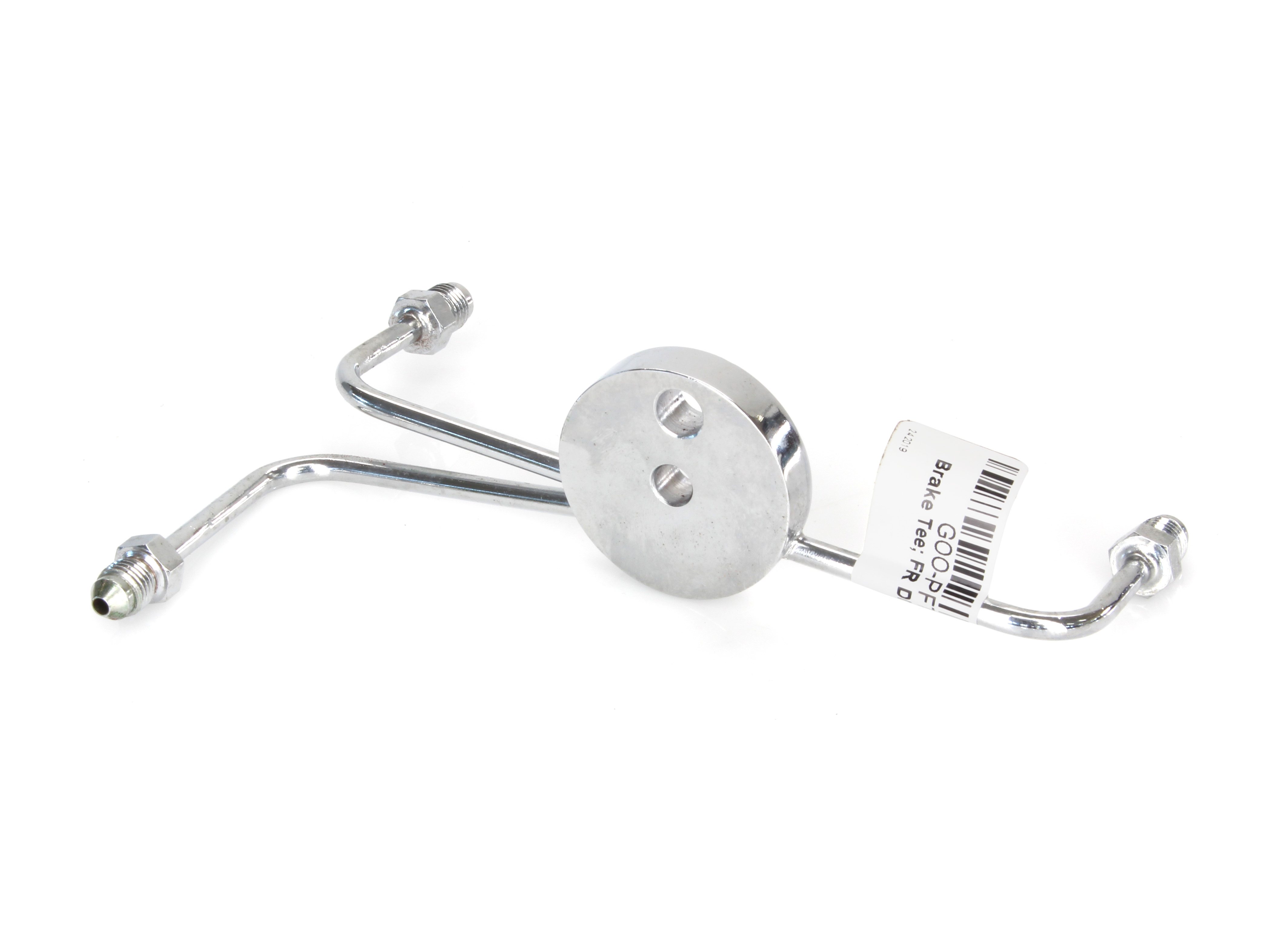 AN3 Front Dual Disc Brake Tee - Chrome. Fits Narrow Glide Front Ends with Dual Disc Rotors.