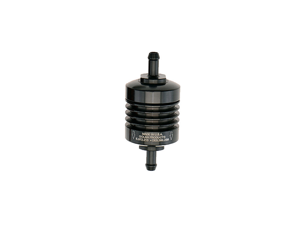 Washable Mini Inline Fuel Filter. 5/16in. Hose x 1.5in. long. Black Billet Aluminium.