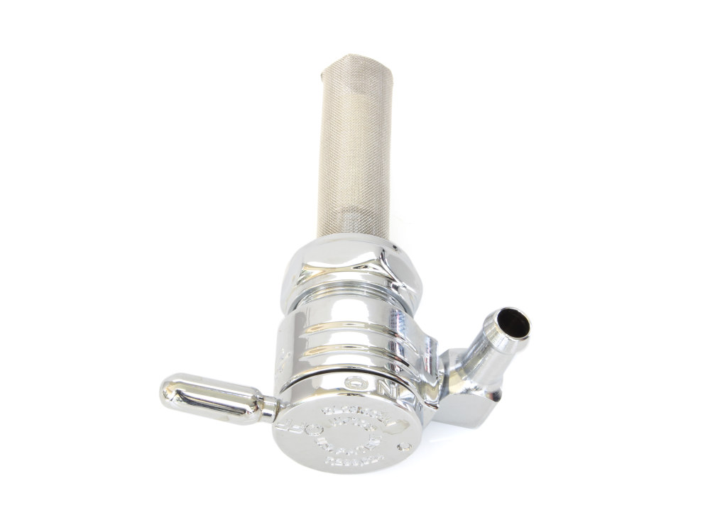 High-Flow Fuel Tap / Petcock with 22mm Thread & 5/16in. Backward Facing Fuel Outlet - Chrome. Fits Softail 1984-2006, Dyna 1991-2006, FXR 1982-1994, Touring 1988-2006, Sportster 1975-2006 & 4Spd Big Twin 1975-1986