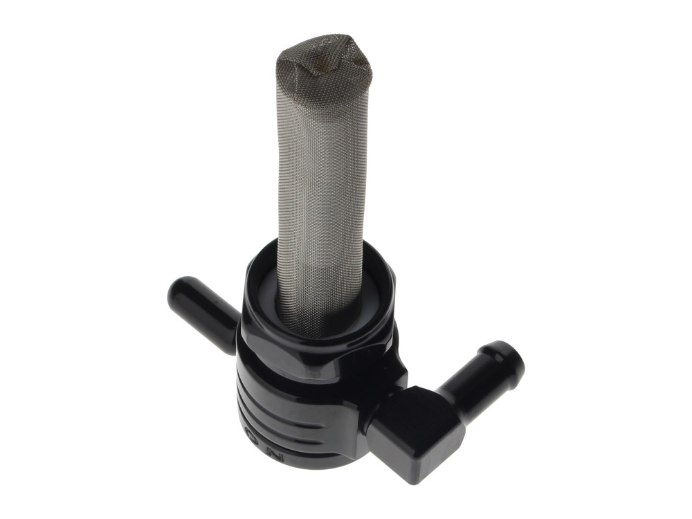 High-Flow Fuel Tap / Petcock with 22mm Thread & 5/16in. Forward Facing Fuel Outlet - Black. Fits Softail 1984-2006, Dyna 1991-2006, FXR 1982-1994, Touring 1988-2006, Sportster 1975-2006 & 4Spd Big Twin 1975-1986