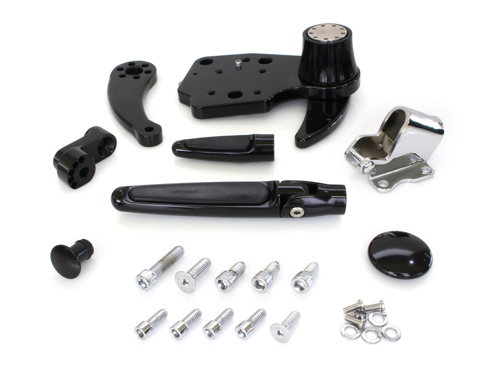 Standard Length Forward Controls with Folding Rubber Inlay Pegs – Black. Fits Touring 2014up including Trikes.