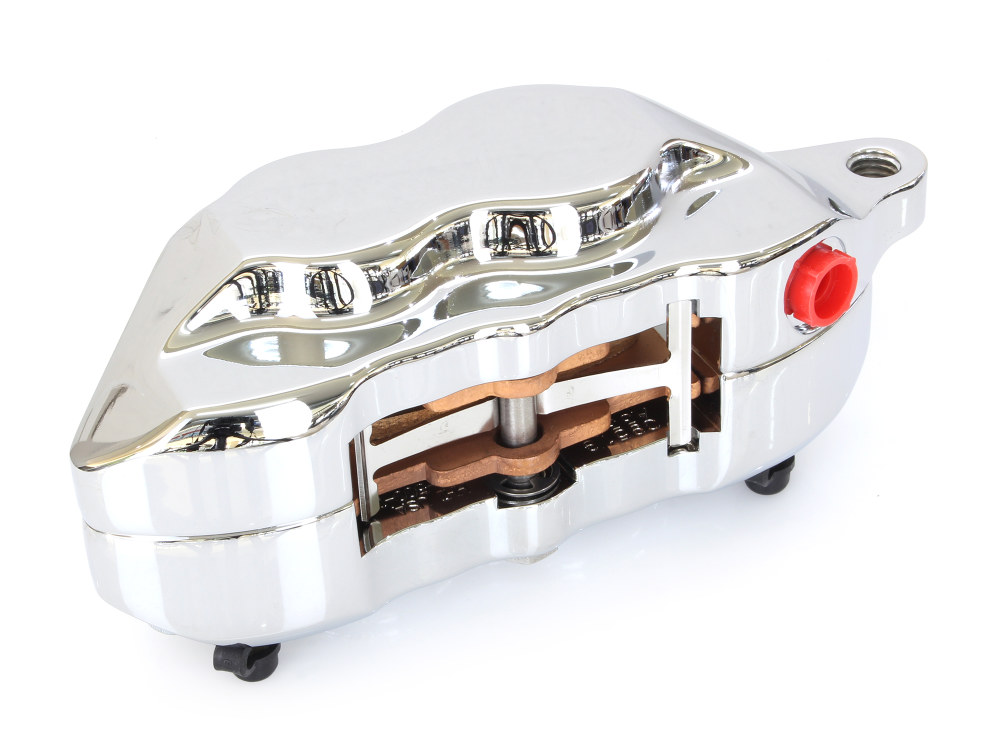 Left Hand Front 4 Piston Caliper - Chrome. Fits Softail 2000-2014, Dyna 2000-2017, Touring 2000-2007 & Sportster 2000-2007 Models with 11.5in. Disc Rotor.