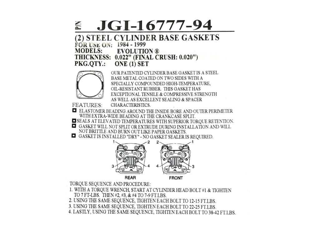 Metal Base Gasket JGI-16777-94 Standard Bore~ James Gasket