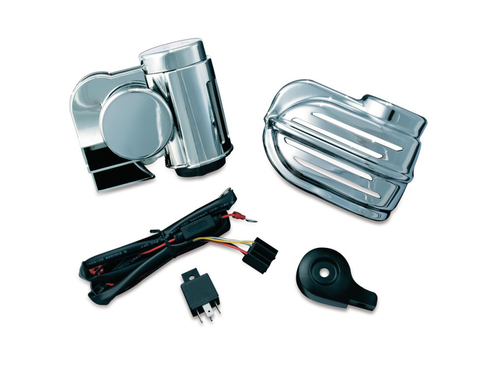 Super Deluxe Wolo Bad Boy Air Horn Kit with Chrome Cover. Fits Big Twin 1992up & Sportser 1992-2021 with Stock Cowbell Horn.