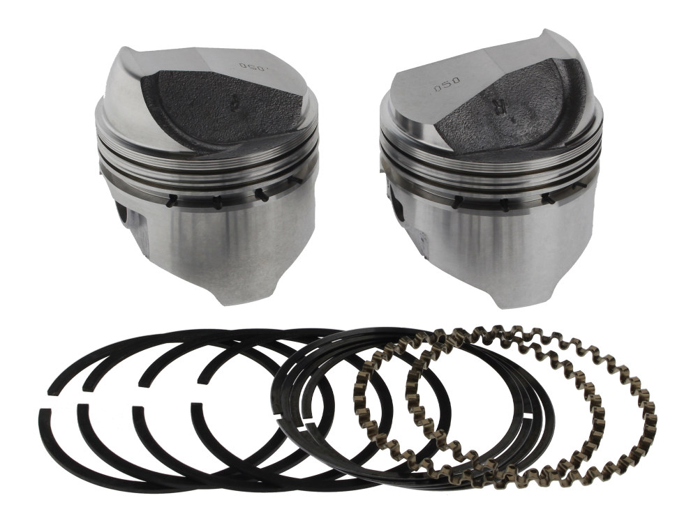 +.050in. Dome Top Pistons with 8.2:1 Compression Ratio. Fits Sportster 1972-1985 with 1000cc Engine.