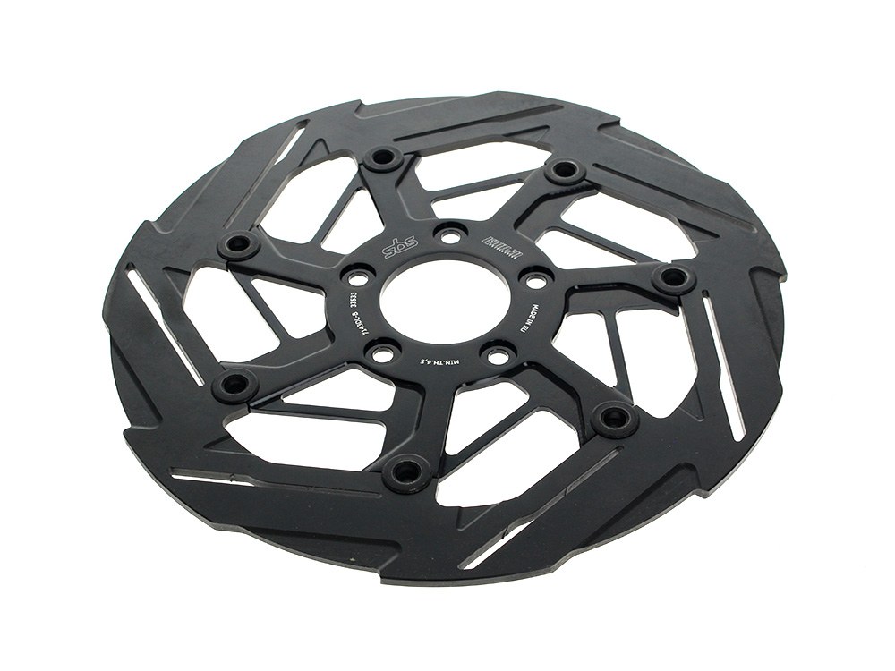 11.8in. Front 7-Spoke Disc Rotor - Black Band & Black Carrier. Fits Dyna 2006-2017, Softail 2015up, Sportster 2014-2021 & Some Touring 2008up.