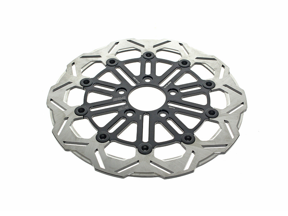 11.8in. Front 10-Spoke Disc Rotor - Polished Band & Black Carrier. Fits Dyna 2006-2017, Softail 2015up, Sportster 2014-2021 & Some Touring 2008up.