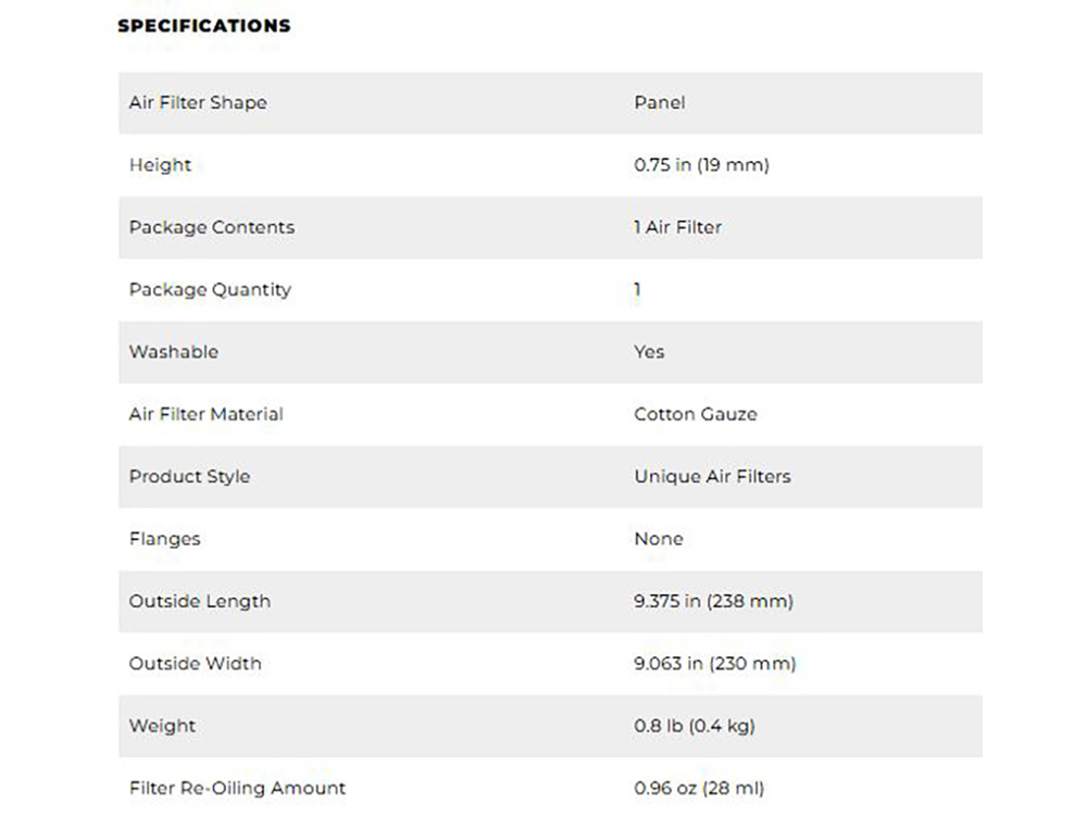 High-Flow Air Filter Element. Fits Honda Goldwing 2001-2017