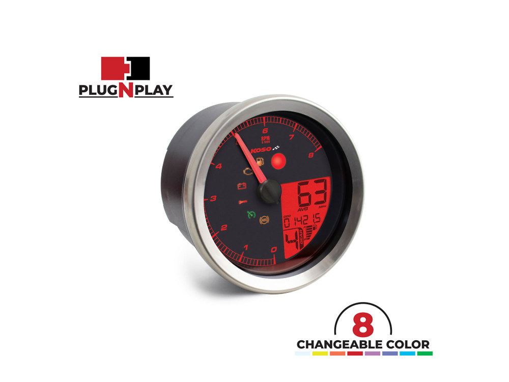 3-3/8in. Round Speedometer with Tachometer - Silver. Fits Softail Fat Bob 2018up, Sportster 2014-2021, Dyna Street Bob, Low Rider & Wide Glide 2012-2017 & Softail Breakout, Rocker & Black Line 2011-2017.