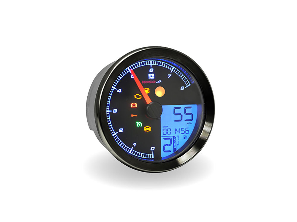 3-3/8in. Round Speedometer with Tachometer - Black. Fits Softail Fat Bob 2018up, Sportster 2014-2021, Dyna Street Bob, Low Rider & Wide Glide 2012-2017 & Softail Breakout, Rocker & Black Line 2011-2017.