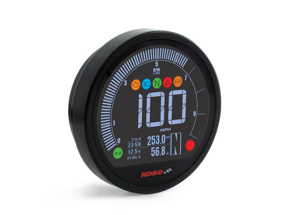 3-3/8in. Round Speedometer with Tachometer - Black. Fits Softail Fat Bob 2018up, Sportster 2014-2021, Dyna Street Bob, Low Rider & Wide Glide 2012-2017 & Softail Breakout, Rocker & Black Line 2011-2017