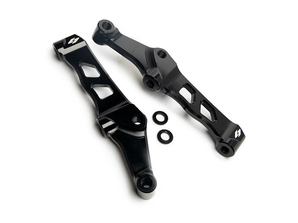 108mm Left and Right Front Radial Caliper Mounts - Black. Sold as a Pair. Fits Big Twin 2000up