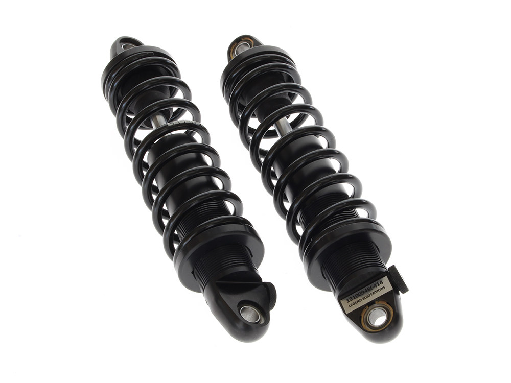 REVO-A Series, 12in. Adjustable Heavy Duty Spring Rate Rear Shock Absorbers - Black. Fits Dyna 1991-2017.