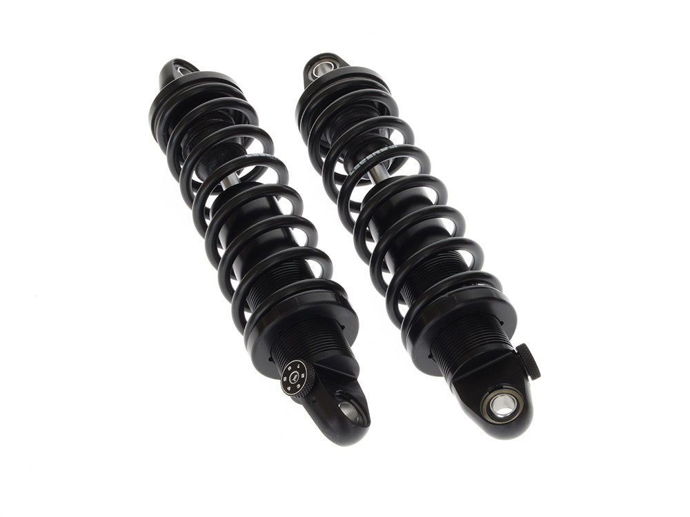 REVO-A Series, 12in. Adjustable Heavy Duty Spring Rate Rear Shock Absorbers – Black. Fits Touring 1999up.