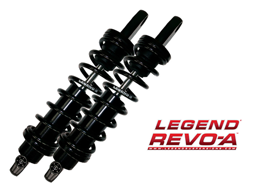 REVO-A Series, 14in. Adjustable Heavy Duty Spring Rate Rear Shock Absorbers -Black. Fits Dyna 1991-2017.