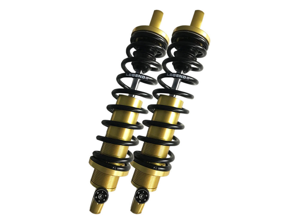 REVO-A Series, 14in. Adjustable Heavy Duty Spring Rate Rear Shock Absorbers - Gold. Fits Dyna 1991-2017.