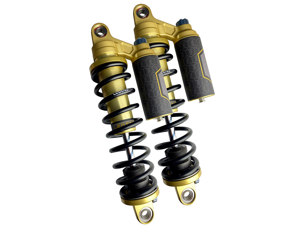 Revo ARC Piggyback Suspension. 14in. Adjustable Rear Shock Absorbers – Gold. Fits Dyna 1991-2017.