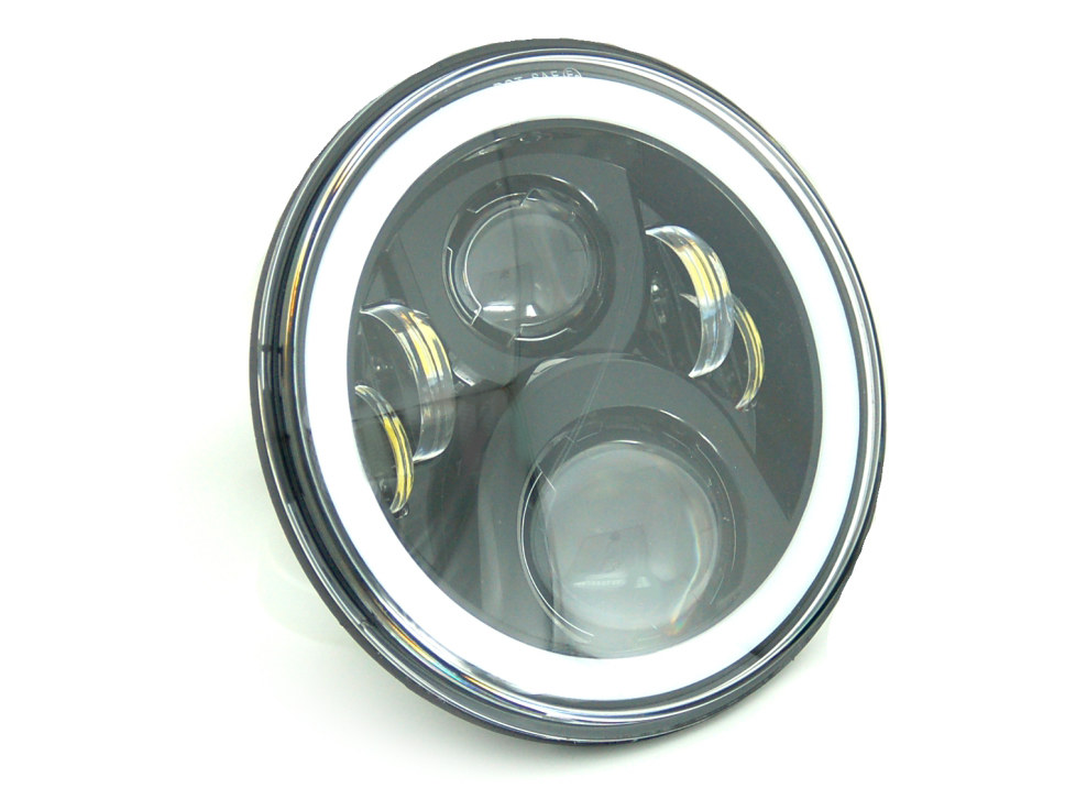 7in. LED HeadLight Insert with Halo - Black. Fts H-D, Indian Chief Classic & Dark Horse Models with 7in. Headlight.