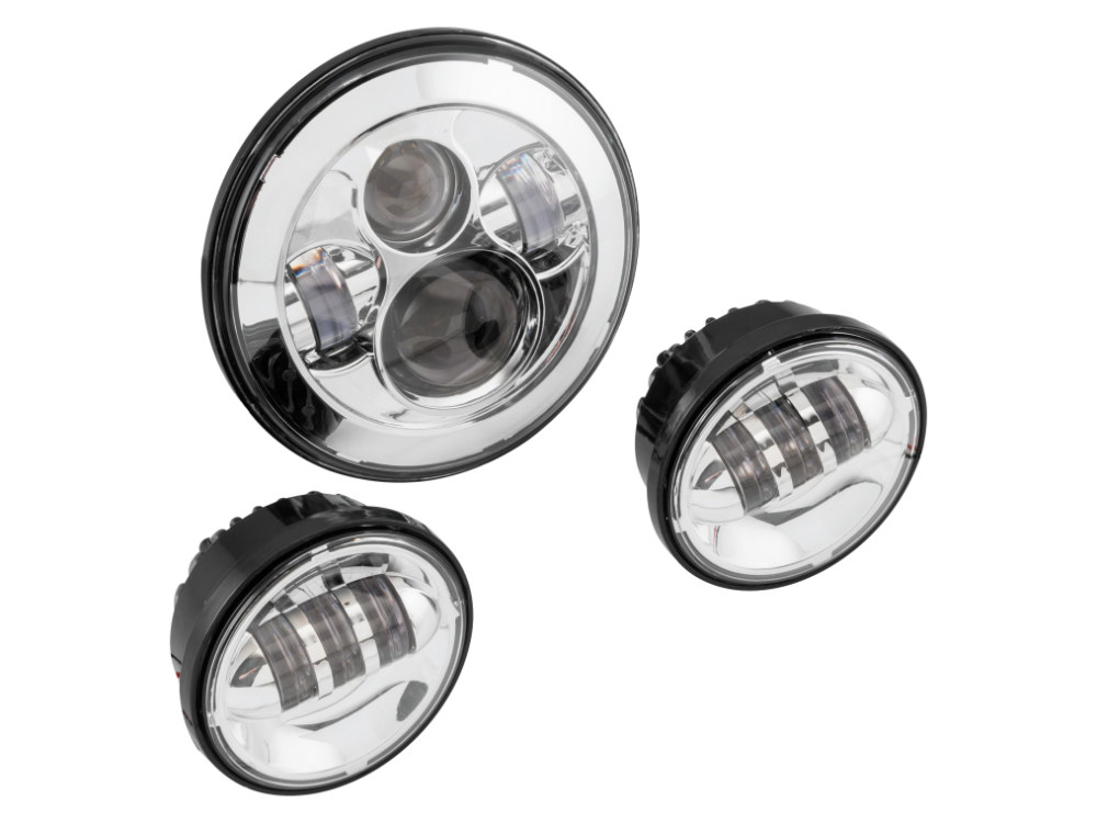 7in. HeadLight & 4.5in. Passing Lamps (2) Insert Bundle – Chrome. Fits H-D with 7in. Headlights & 4.5in. Passing Lamps.